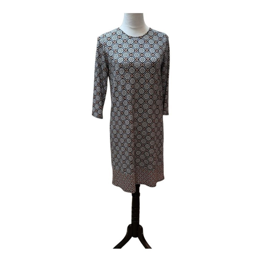 Geometric Print Knit Casual Travel Dress Black White Peach Blue 3/4 Sleeve Sz XS